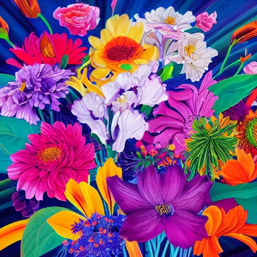 Prompt: a bouquet of colorful flowers, large opaque blossoms, light and shadow, glowing, vivid, detailed painting, by Ross Tran, Tomokazu Matsuyama, Neysa McMein, Dan Santat, masterpiece, award winning painting