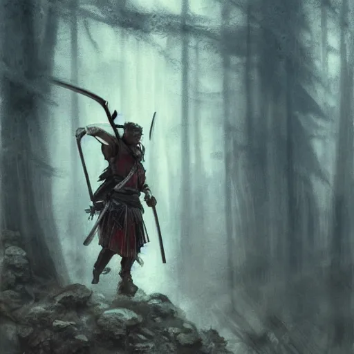Image similar to samurai warrior wielding a sword, forest, standing on a bridge, by seb mckinnon, high detail, dramatic light, digital art, painted by greg rutkowski, promotional movie posterart, trending on artstation
