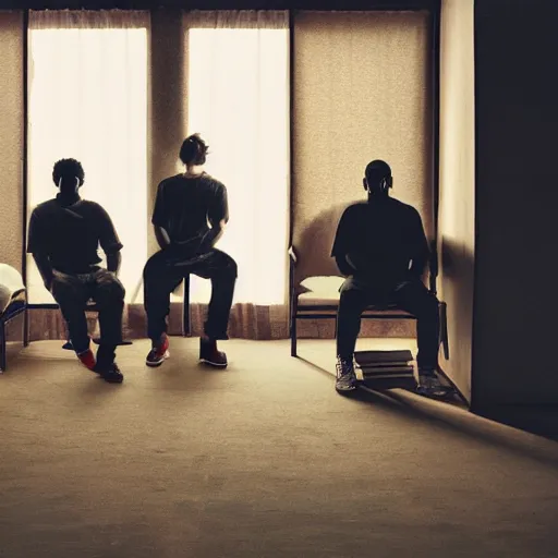 Prompt: gang members chilling around dirty couch in a beige room thick volumetric dust god rays shines through the blinds kinda atmosphere jonathan zawada style photography