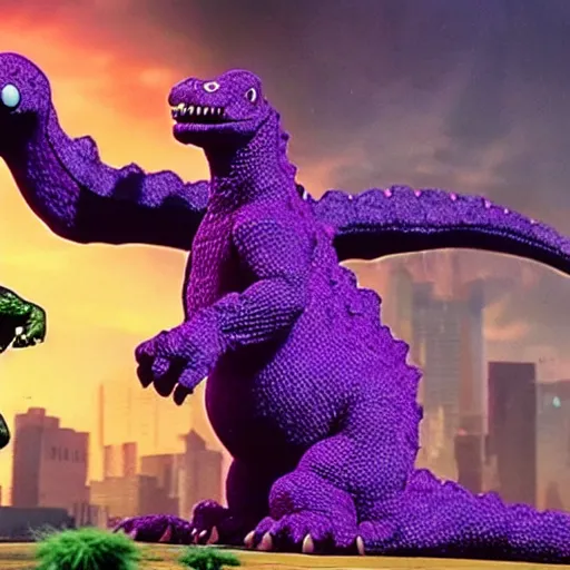 Image similar to barney the purple dinosaur fights godzilla for control of tokyo, file footage