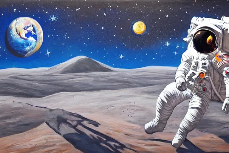 Prompt: A painting of an astronaut laying on the moon looking at earth in the style of Flooko, acrylic art, detailed,