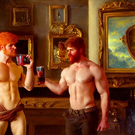 Image similar to attractive muscular mike with ginger hair with attractive tyler with brunet hair, drinking their hearts out, in their noble mansion. defined to the maximum and highly detailed painting by gaston bussiere, craig mullins 8 k