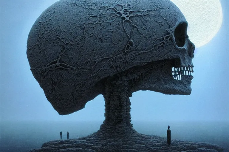 Image similar to a surreal and awe - inspiring science fiction landscape, moon in the sky looks like a skull, intricate, elegant, highly detailed matte painting by beksinski and simon stalenhag