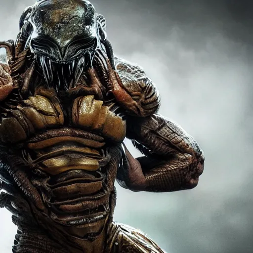 Image similar to full body pose, hyperrealistic photograph cover of predator, dim volumetric lighting, 8 k, octane beautifully detailed render, extremely hyper detailed, intricate, epic composition, cinematic lighting, masterpiece, trending on artstation, very very detailed, stunning, hdr, smooth, sharp focus, high resolution, award, winning photo, dslr, 5 0 mm