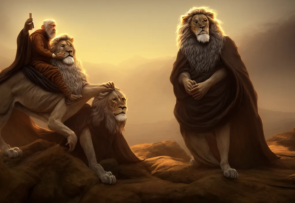 Image similar to a hooded wise lonely old man with a long white beard wearing a brown hooded tunic, the man riding is on the lion, the wise man is riding on top, he is all alone, majestic, epic digital art, cinematic, trending on artstation, superb detail 8 k, wide angle shot, masterpiece