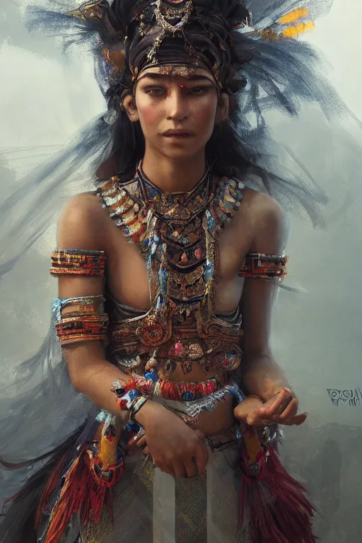 Prompt: aztec princess, gorgeous, close - up portrait, intricate, elegant, volumetric lighting, scenery, digital painting, highly detailed, artstation, sharp focus, illustration, concept art, ruan jia, steve mccurry