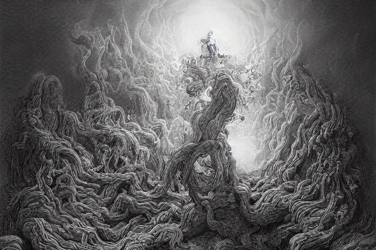 Prompt: the oracle of death rising from a cyclone of smoke and ashes by gustave dore by james jean