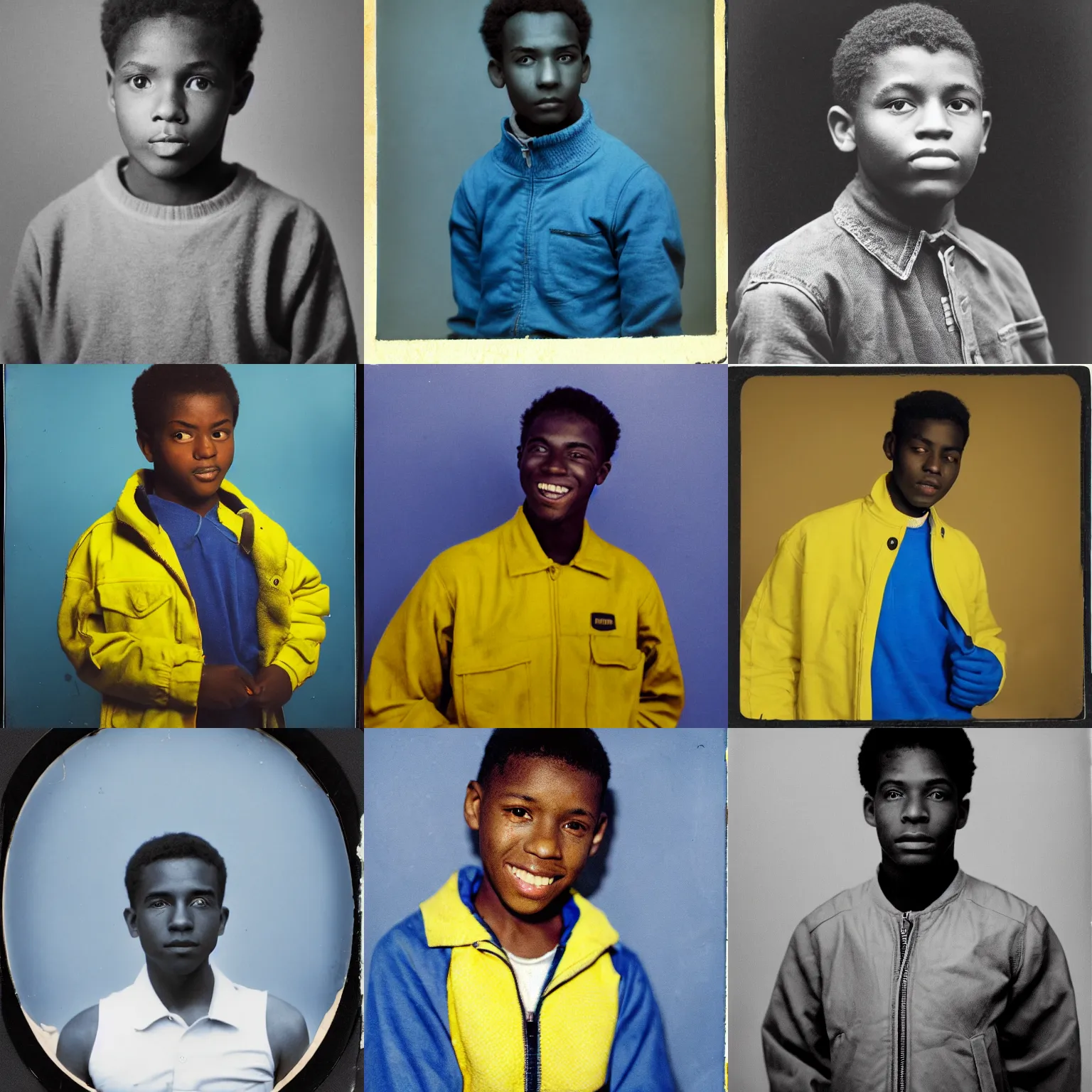 Prompt: bright vintage photo of young black man covered in blue paint wearing a bright yellow jacket on white background, grainy film photograph, slightly overexposed