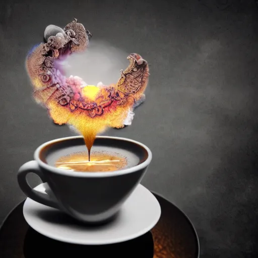 Image similar to a beautiful detailed 3 d matte portal in a cup of coffee on a desk, ominous, magical realism, texture, intricate, whirling smoke radiant colors, fantasy, volumetric lighting, high details