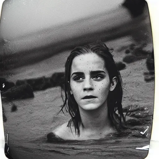 Image similar to film still, close up, emma watson rising out of muddy vietnam river, face covered in mud, low camera angle at water level, night time, film still from apocalypse now ( 1 9 7 9 ), 2 6 mm polaroid polaroid polaroid polaroid polaroid expired expired expired,