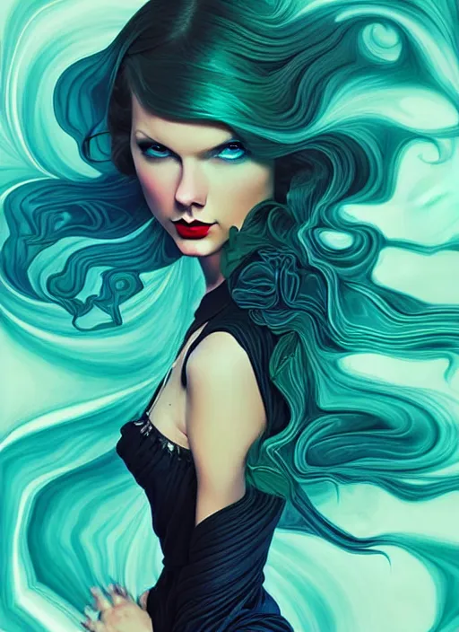 Image similar to style artgerm, joshua middleton, taylor swift with green dress, very long blue hair, swirling water swirling, symmetrical face, symmetrical eyes, steampunk cyberpunk,, cinematic lighting