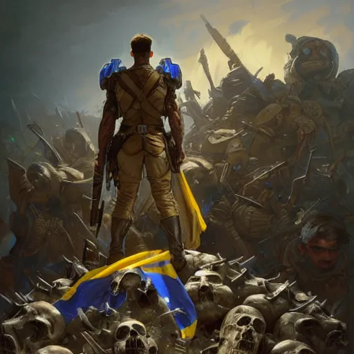 Prompt: a distant shot of a super soldier with blue and yellow flag on his back standing on a pile of skulls, western, D&D, fantasy, intricate, elegant, highly detailed, digital painting, artstation, concept art, matte, sharp focus, illustration, art by Artgerm and Greg Rutkowski and Alphonse Mucha