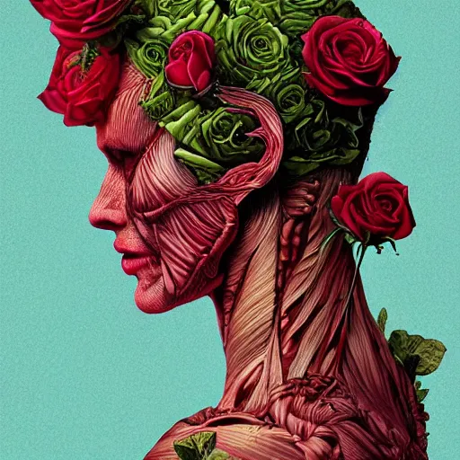 Image similar to the anatomy of a head of lettuce with roses that resemble a beautiful woman, an ultrafine detailed illustration by james jean, intricate linework, bright colors, final fantasy, behance contest winner, vanitas, angular, altermodern, unreal engine 5 highly rendered, global illumination, radiant light, detailed and intricate environment