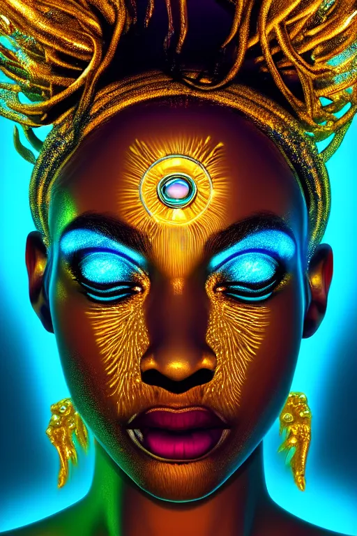 Image similar to hyperrealistic cybernetic cinematic bioluminescent very expressive! oshun goddess underwater, whole body, gold jewerly, highly detailed face, digital art masterpiece, smooth eric zener cam de leon, dramatic pearlescent turquoise light on one side, low angle uhd 8 k, shallow depth of field