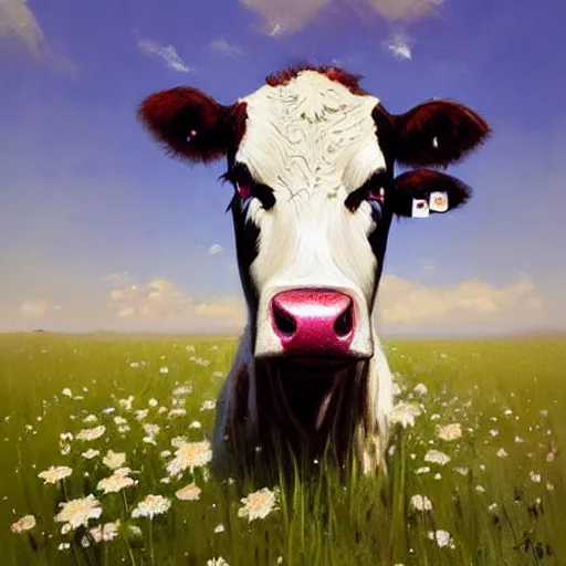 Image similar to Hyper realistic oil painting of a cow standing in the middle of a field of daisies, blue sky, high contrast, by greg rutkowski, trending on artstation