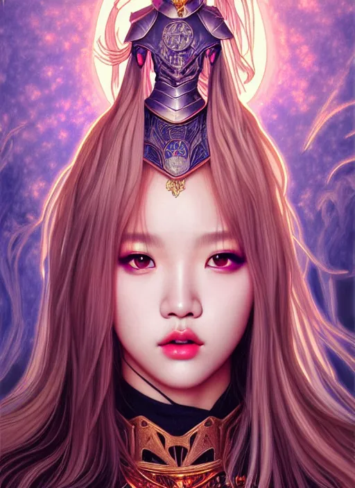 Image similar to lalisa manoban of blackpink, knight armor, tarot card, highly detailed, digital painting, smooth, sharp focus, illustration, ultra realistic, 8 k, art by artgerm and alphonse mucha