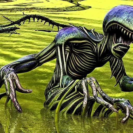 Image similar to strange alien creatures living in a swamp, photo realistic, highly detailed