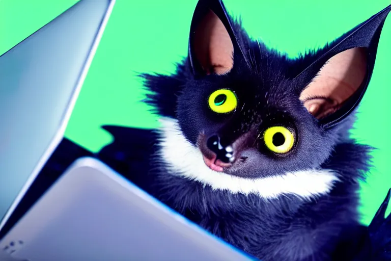 Image similar to a blue - and - black male catbat fursona with blue / green heterochromatic eyes ( one blue, one green ) and huge bat ears, photo of the catbat streaming on his computer