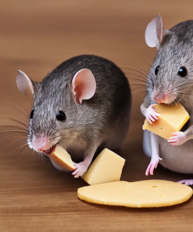 Image similar to high quality presentation photo of cute anthropomorphic grey mice eating cheese, photography 4k f1.8 anamorphic bokeh 4k Canon Nikon