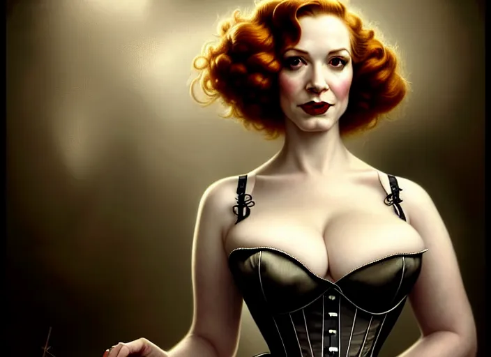 Prompt: portrait shot of christina hendricks during ww 2 wearing a corset, clothed, intricate, elegant, highly detailed, centered, digital painting, artstation, concept art, smooth, sharp focus, illustration, artgerm, tomasz alen kopera, peter mohrbacher, donato giancola, joseph christian leyendecker, wlop, boris vallejo