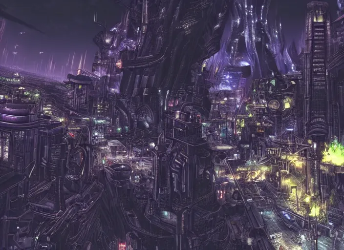 Prompt: landscape of midgar from final fantasy vii at night