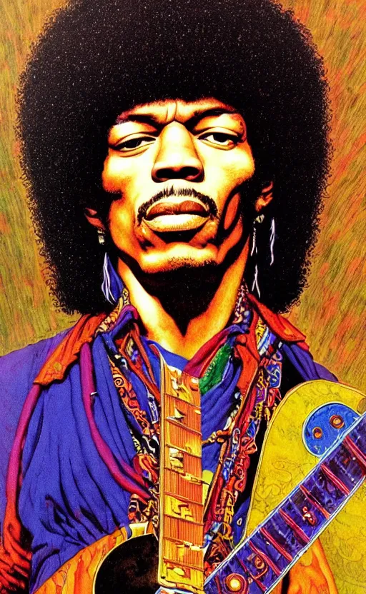 Prompt: an awesome jean giraud graphic art of jimi hendrix in the style of a renaissance masters portrait, new age symbolism and tibetan book of the dead imagery, intricately detailed, 4 k