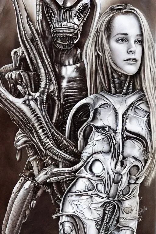 Prompt: beautiful young gillian andersom with alien xenomorph queen by h.r. giger, detailed, proportional, trending on art station, 4k