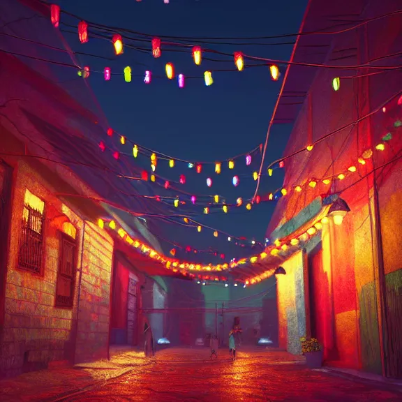 Image similar to Downtown Mexico alley, string lights, colorful lighting, night, realism, rule of thirds photo, intricate abstract, ((gta 5 screenshot house)), by Tooth Wu, by Greg Rutkowski, studio Ghibli