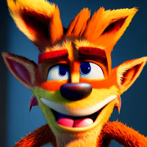 Prompt: photograph portrait of Crash Bandicoot, intricate detail, sigma 85mm f/1.4, 4k, depth of field, high resolution, 4k, 8k, hd