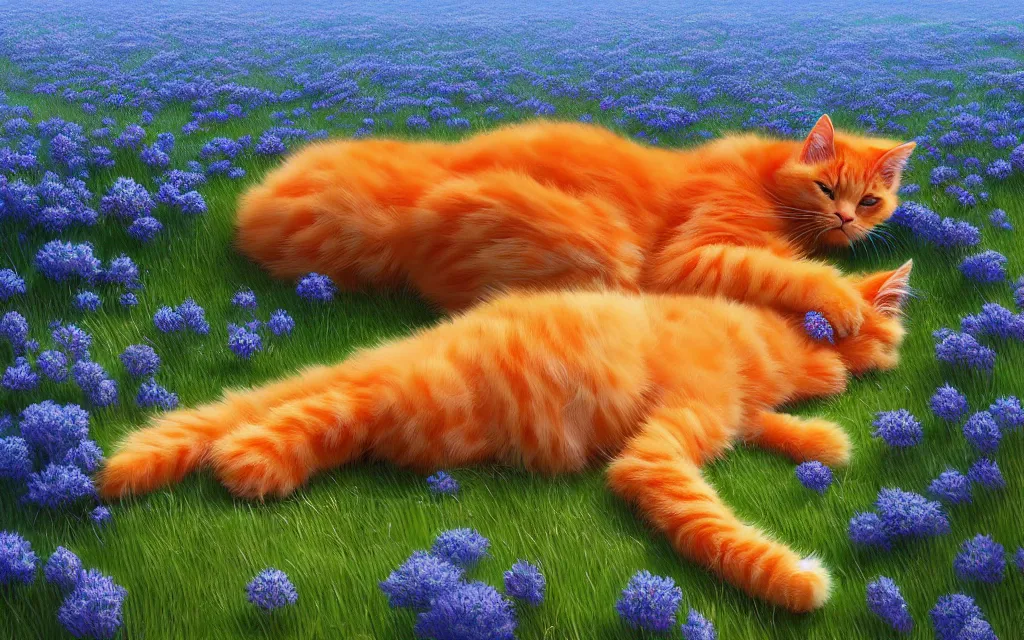 Prompt: fluffy orange cat sleeping in a field of blue flowers, matte painting, digital illustration, concept art, by makoto shinkai and ruan jia