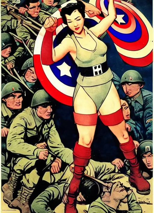 Prompt: beautiful female asian captain america standing on a pile of defeated, beaten and broken german soldiers. feminist captain america wins wwii. american wwii propaganda poster by james gurney. gorgeous face. overwatch