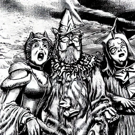 Image similar to The Wizard of Oz by Kentaro Miura, highly detailed, black and white