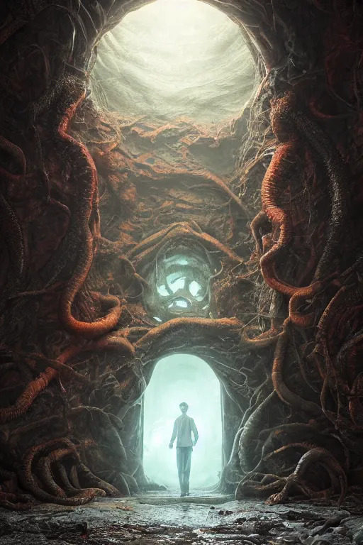 Prompt: realistic photo of a lovecraft creature in a hell gate portal, filaments, translucent, photorealistic, hyperrealism, high resolution, ultra - detailed, by marc simonetti, natural volumetric lighting, realistic 4 k octane beautifully detailed render, 4 k post - processing