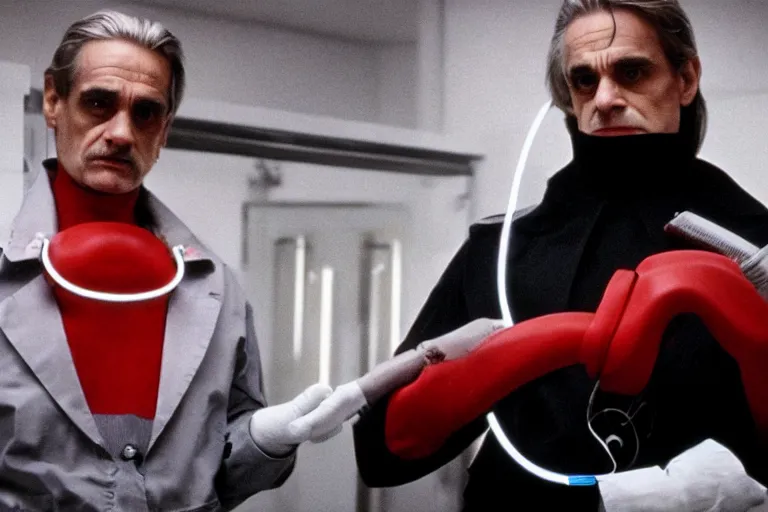 Image similar to a scene from the movie dead ringers with jeremy irons, dark cinematic lighting, heavy black and red color contrast, medical equipment