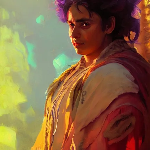 Image similar to an oil art portrait of young roma mage with purple neon magic in style of disco elysium character, paladin character design from d & d, art by anders zorn, wonderful masterpiece by greg rutkowski, beautiful cinematic light, american romanticism by greg manchess, jessica rossier