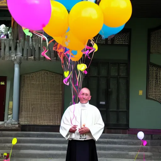 Prompt: a priest holding dozens of colorful balloons