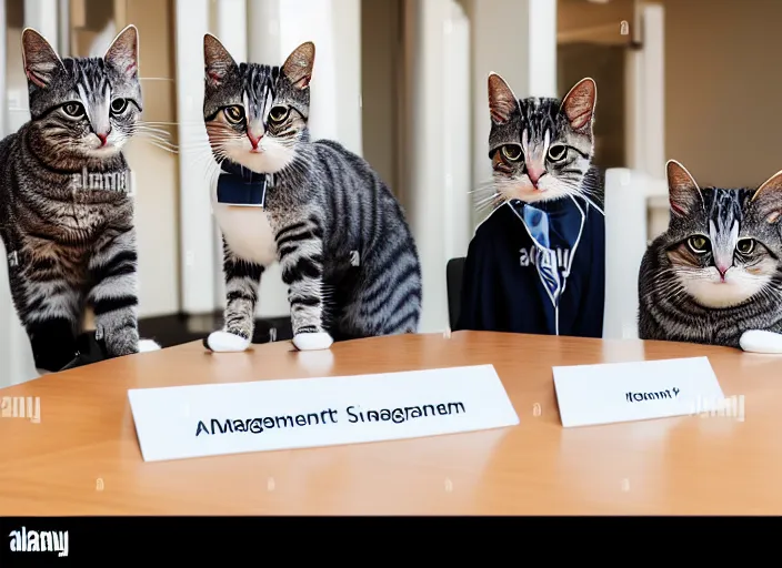 Prompt: photo of a management board meeting of well dressed cats. Highly detailed 8k. Intricate. Sony a7r iv 55mm. Stock photo.