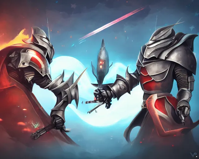 Prompt: battle of two evil knights among the stars, trending on artstation