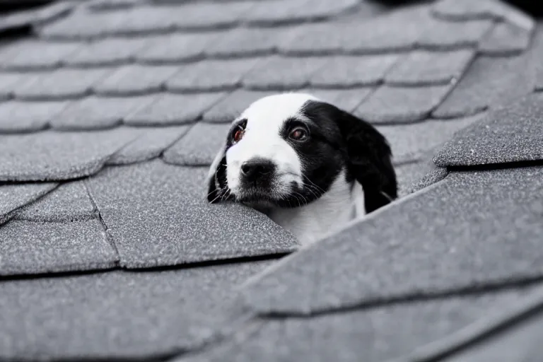 Image similar to a dramatic photo of a puppy standing at the edge of a roof