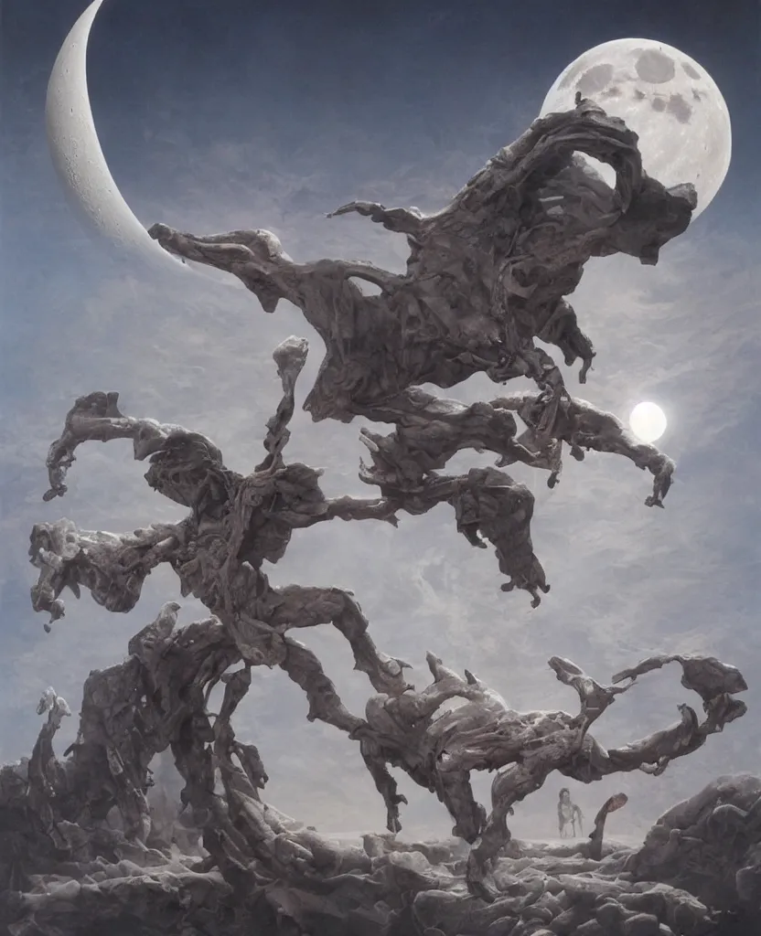 Prompt: moon made from thousands corpses of Nicolas Cage, highly detailed, artstation, art by (((Szukalski))), wayne barlowe, phil hale