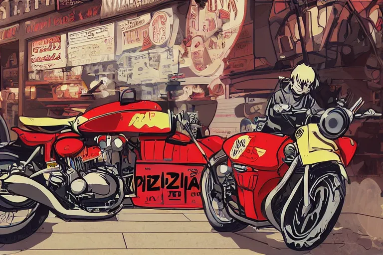 Image similar to pizza restaurant, akira's motorcycle, gorillaz, poster, 8k