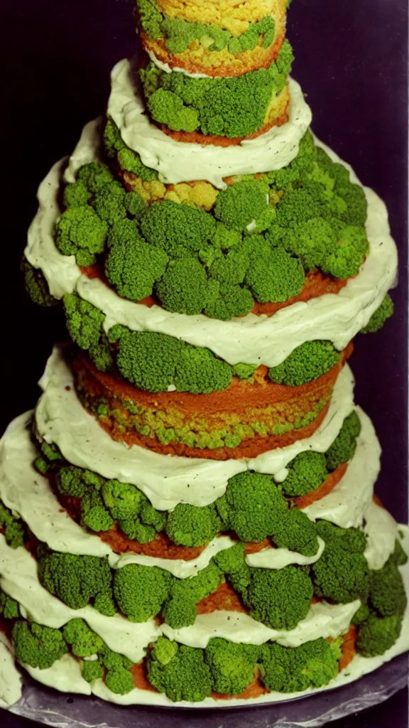 Image similar to 7 0 s food photography of a cake made out of broccoli and farts