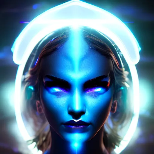 Prompt: futuristic mystic avatar, black alirn eyes, ultra detailed face and eyes, pfp, luminous effects, cinematic, soft lighting, dark background by awarded concept art, sci - fi, 8 k resolution, artstation hd