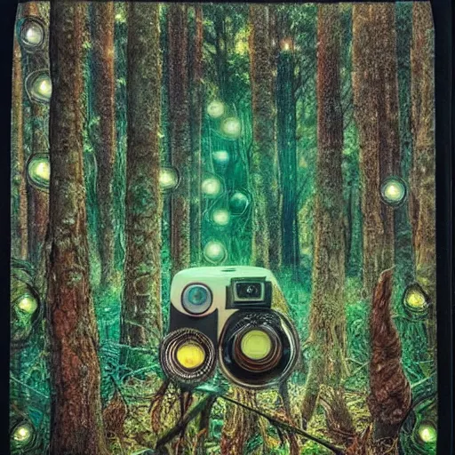 Prompt: bright forest, sparkling three eyed spirits, detailed wide shot, polaroid, ground detailed, wet eyes reflecting into eyes reflecting into infinity, beautiful lighting