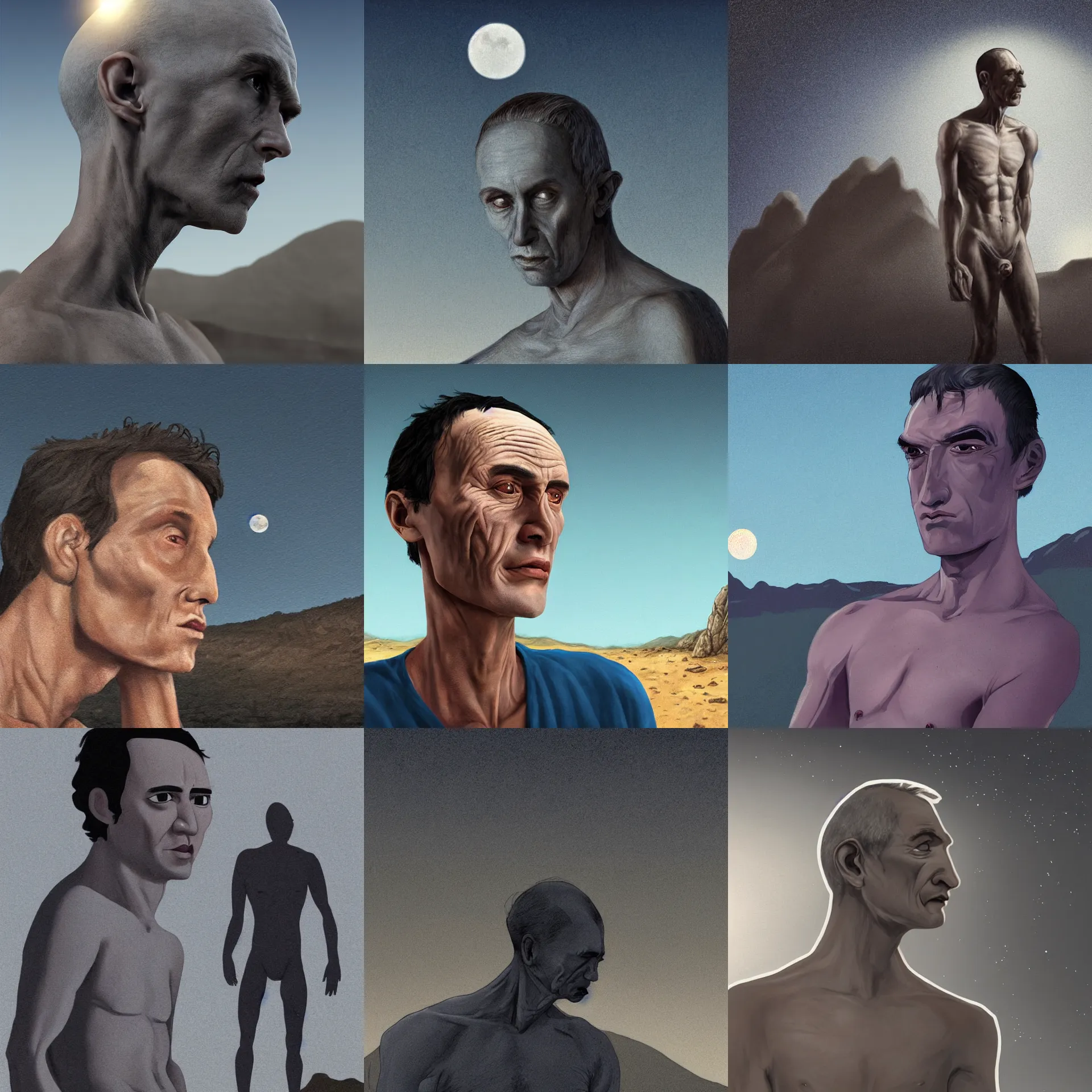 Prompt: Side view close up of a gaunt, skinny caucasian man, grey skin, with a large head and big eyes, a pronounced chin, a sad expression, shirtless, walking over a barren landscape at night. Hills and moon in the background. Dramatic lighting. Blue color palette. Digital art animated oil painting. Allan Poe style