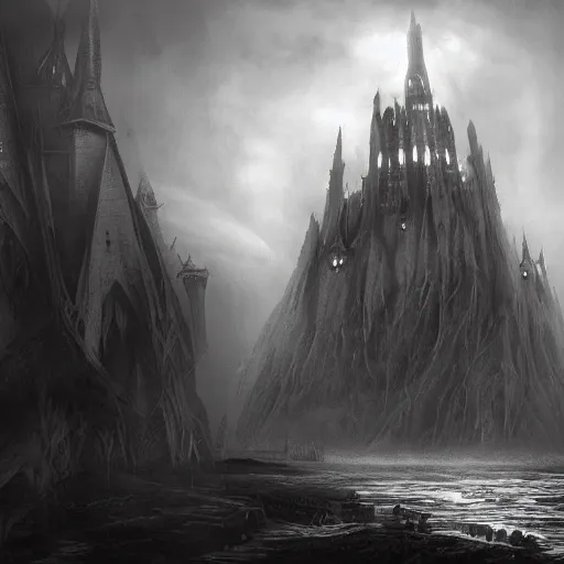 Image similar to an ultra detailed black and white matte painting of a lonely and impossibly tall ominous gothic dark citadel tower of the evil patriarch, in the style of magic the gathering, in a river elevated high above the city, flintlock fantasy capital city, ultrawide lense, aerial photography, scary thunderstorm, exquisite detail, 8 k, art by greg rutkowski and alphonse mucha