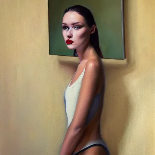 Image similar to fashion model looking in mirror, hyperrealism oil painting