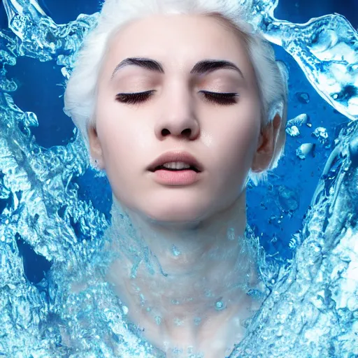 Prompt: female partly submerged in rippling viscous clear oil, with frosty eye lashes and brows, eyes closed, no makeup, frost needles, pale blue tint, complex hyperdetailed technical suit. white hair flowing, frosty breath, sci - fi, futuristic, ultra realistic, wide angle.