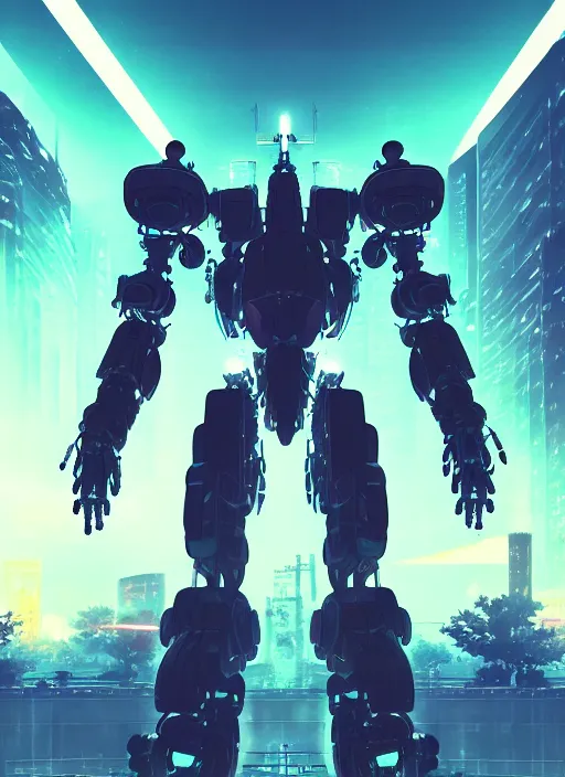 Image similar to intricate digital artwork of a giant japanese anime mecha by by nuthin'but mech, by kallamity sketchbook, inspired by nier : automata, neon city background, octane render, cgstation, 4 k resolution