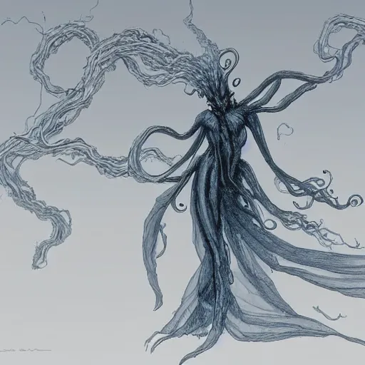 Prompt: concept designs for an ethereal ghostly wraith like figure made from wispy billowing smoke and sparks of electricity with a squid like parasite latched onto its head and long tentacle arms that flow lazily but gracefully at its sides like a cloak while it floats around a frozen rocky tundra in the snow searching for lost souls and that hides amongst the shadows in the trees, this character has hydrokinesis and electrokinesis for the resident evil village video game franchise with inspiration from bioshock the game franchise and Bloodborne and the mind flayer from stranger things on netflix in the style of a marvel comic